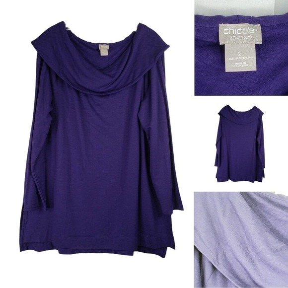 Chicos Shirt Tunic Womens Size 12/14 Solid Purple Off The Shoulder LS Top - Picture 1 of 8